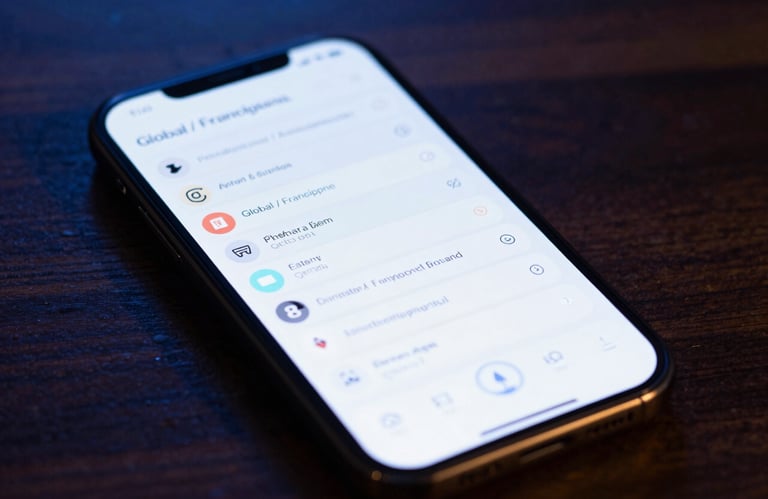 A close-up of a high-tech smart device displaying a clean dashboard interface, placed on a dark wooden surface with soft bokeh lighting in dark blue, Global / Francophone.