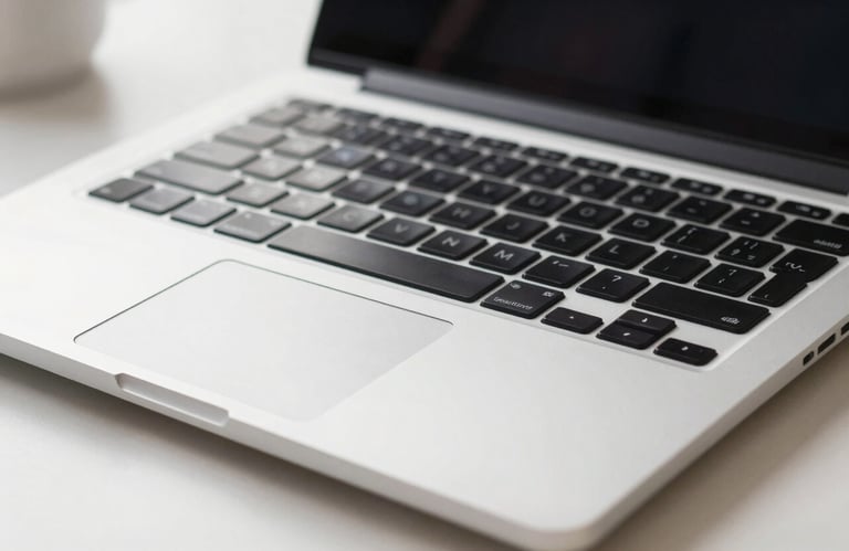 A close-up shot of a high-end laptop keyboard and trackpad in a bright, airy office setting, highlighting precision and modern technology.