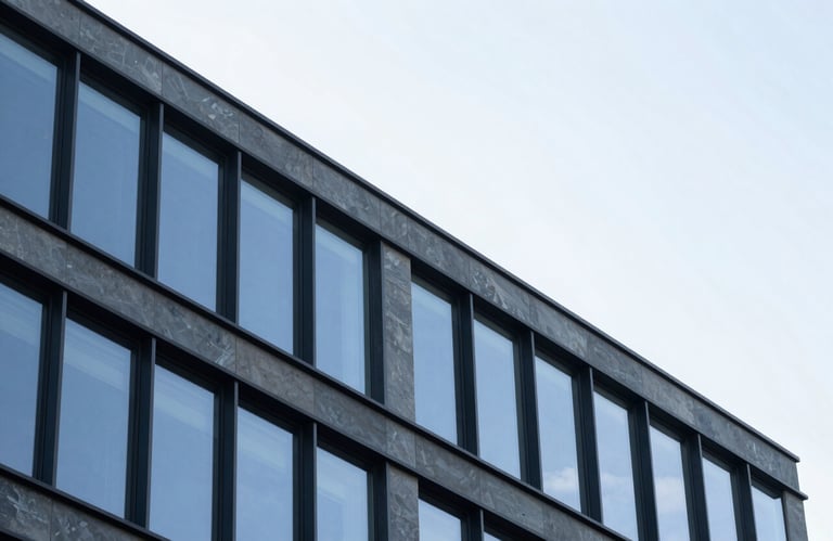 A detail shot of architectural lines in a modern building with Slate Blue glass windows reflecting a clear Pearl White sky.