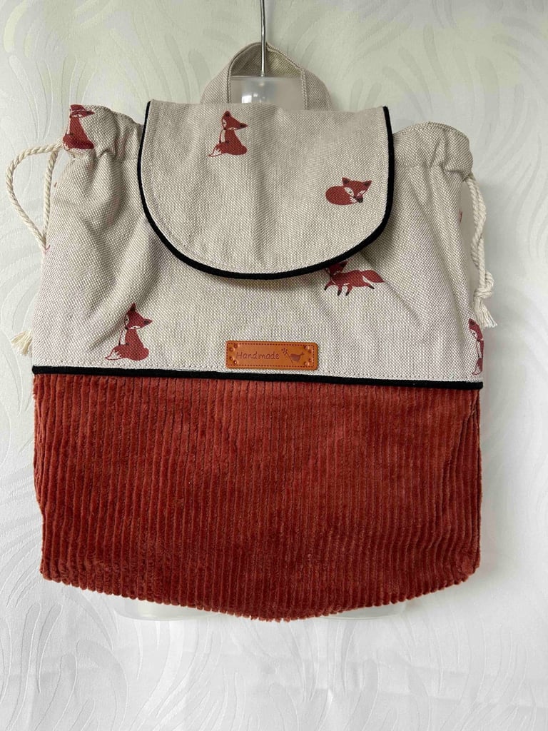 Sac à dos à cordon fait main, en toile imprimée de renards et en velours côtelé orange