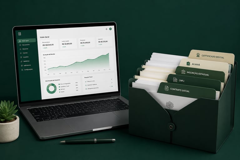 Laptop displaying a financial management dashboard next to an organized file folder with business documents.