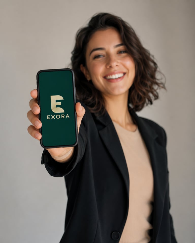 Smiling woman holding a smartphone displaying the Exora business logo app on the screen.