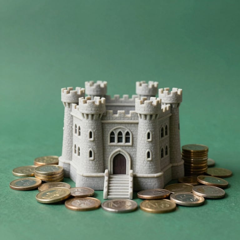 Miniature stone castle model surrounded by gold and silver coins representing wealth protection and financial security.