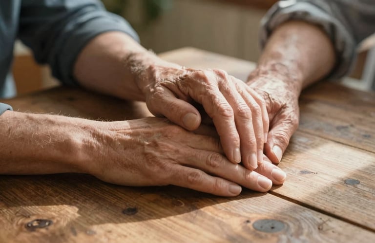 Close-up photography of two hands, one younger and one older, resting together on a rustic wooden table in a Northern European / Dutch home setting, bathed in warm afternoon sunlight.