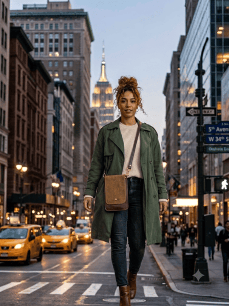 A woman in a green trench coat walks across a New York City street with the Empire State Building behind her.