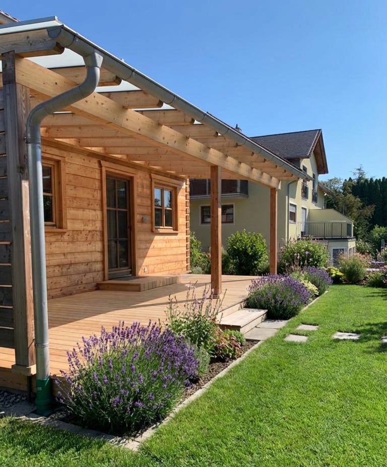 Überdachte Holzterrasse an einer Holzfassade im Garten von Holztechnik Volk am Ammersee