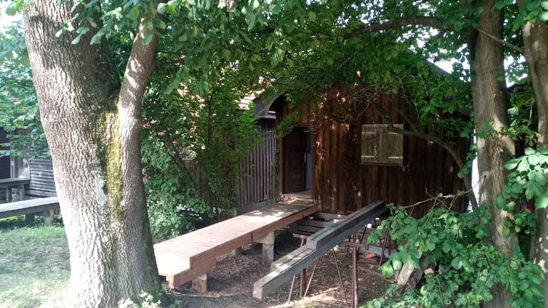 Holzsteg am Ammersee führt durch dichtes Grün zu einer kleinen, dunklen Holzhütte unter Bäumen.