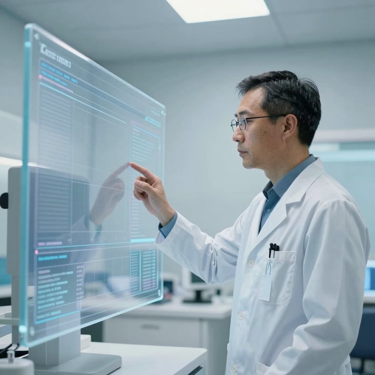 A professional North American doctor looking at a large, transparent digital screen in a high-tech office with a light blue and white palette.