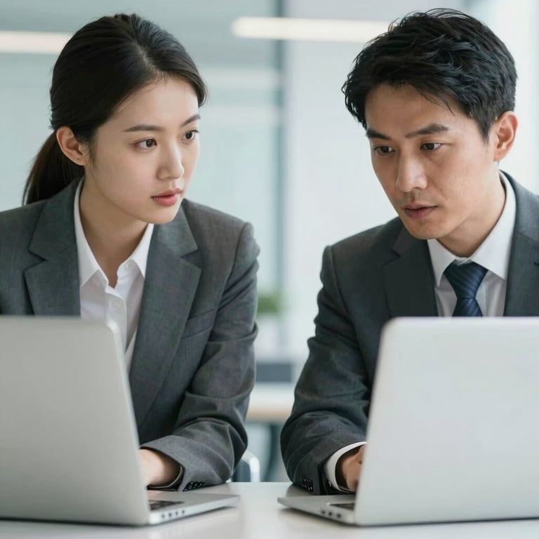 A close-up of two colleagues in professional attire discussing work over a laptop in a bright, modern US office with light blue accents.