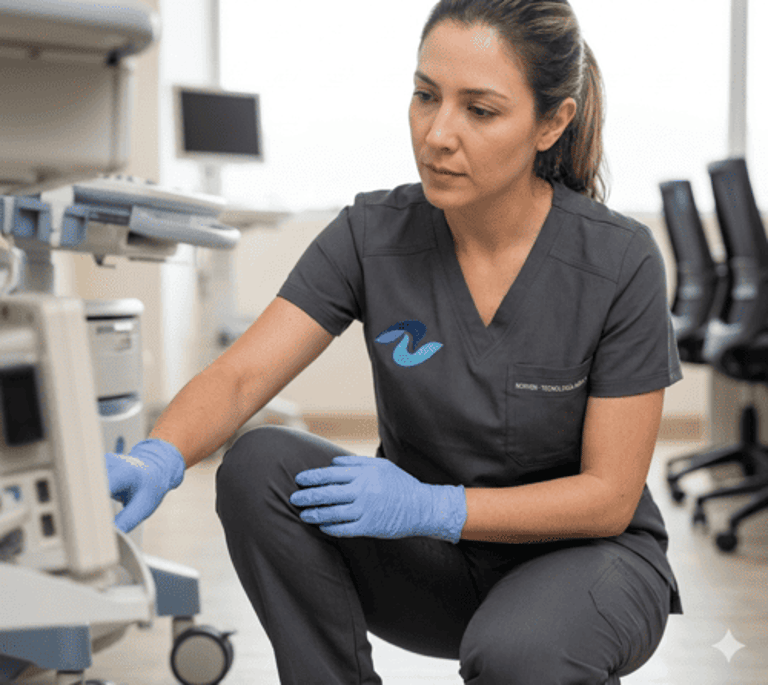 Técnica con uniforme quirúrgico gris y guantes azules ajustando un equipo de ultrasonido médico.