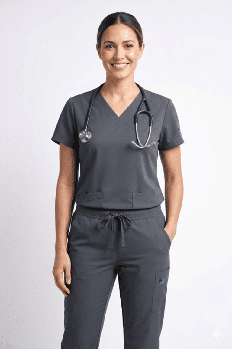 Profesional de la salud sonriente, vestida con uniforme médico gris carbón y un estetoscopio.