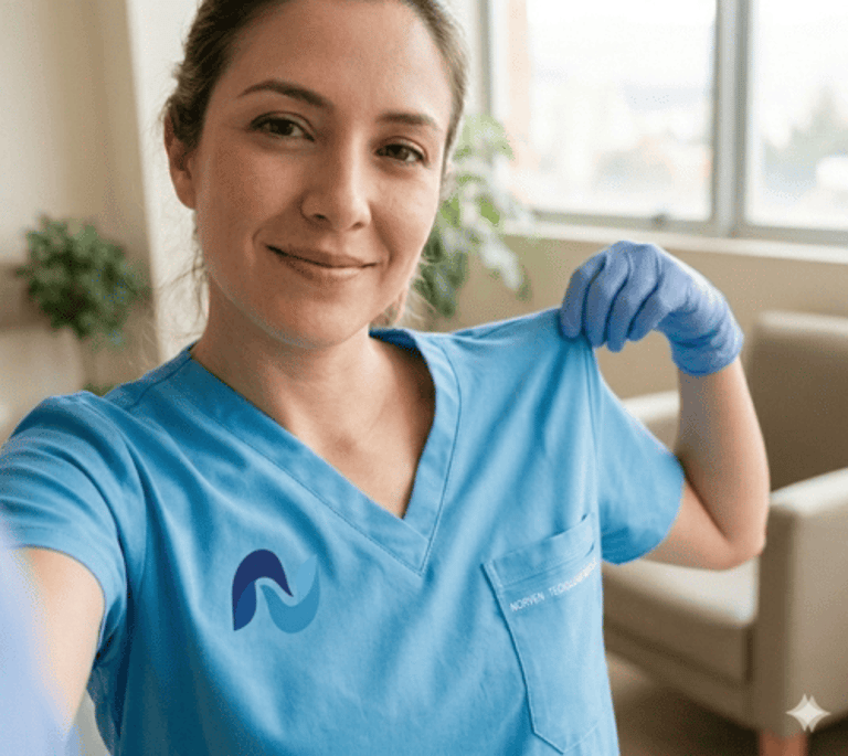 Una profesional de la salud sonriente, vestida con uniforme médico azul tomándse una selfie.