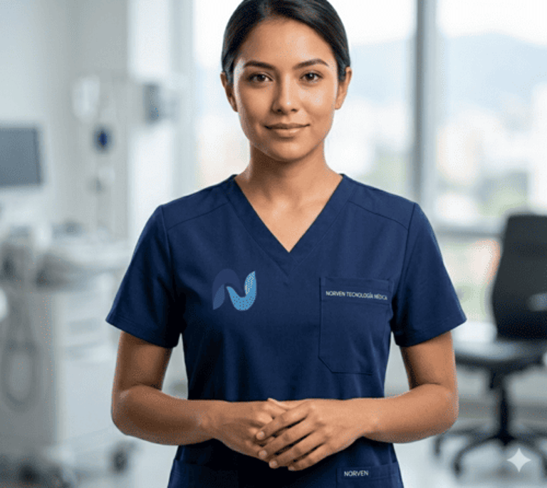Profesional de la salud mujer, vestida con uniforme médico azul, posando en el consultorio.