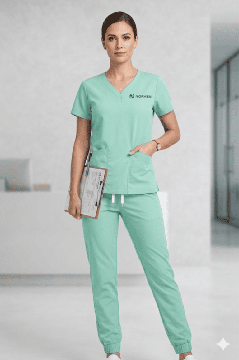 Profesional de la salud mujer, vistiendo uniforme médico verde menta y sosteniendo un portapapeles.