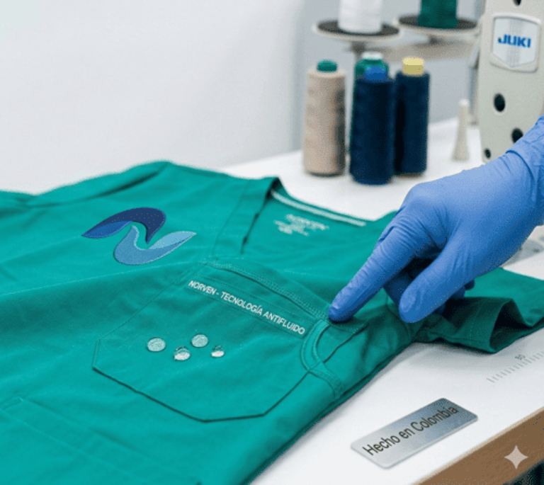 Mano enguantada señalando un uniforme médico verde repelente al agua, con tecnología antifluidos.