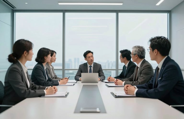 A professional team meeting in a North American / US glass-walled conference room, Soft Sky Blue and Cool Mist White tones, sophisticated corporate environment.