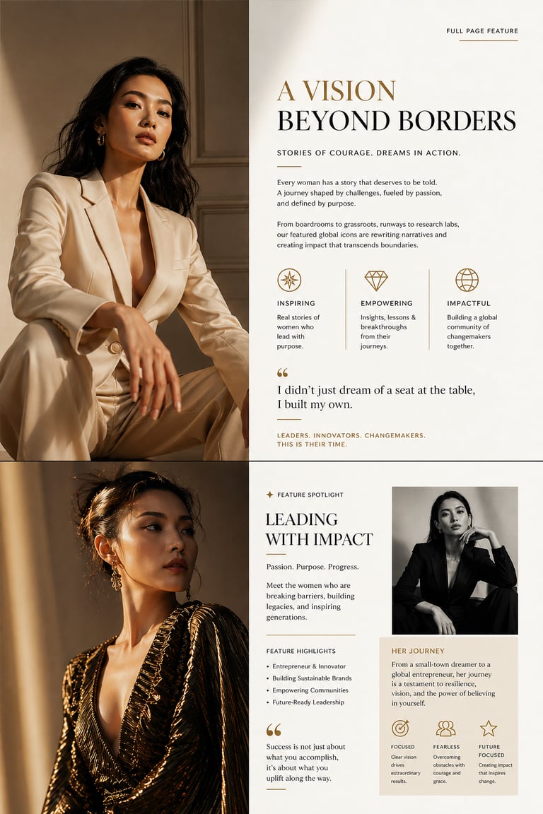 Editorial layout featuring empowered female entrepreneurs with fashion photography and a vision beyond borders.
