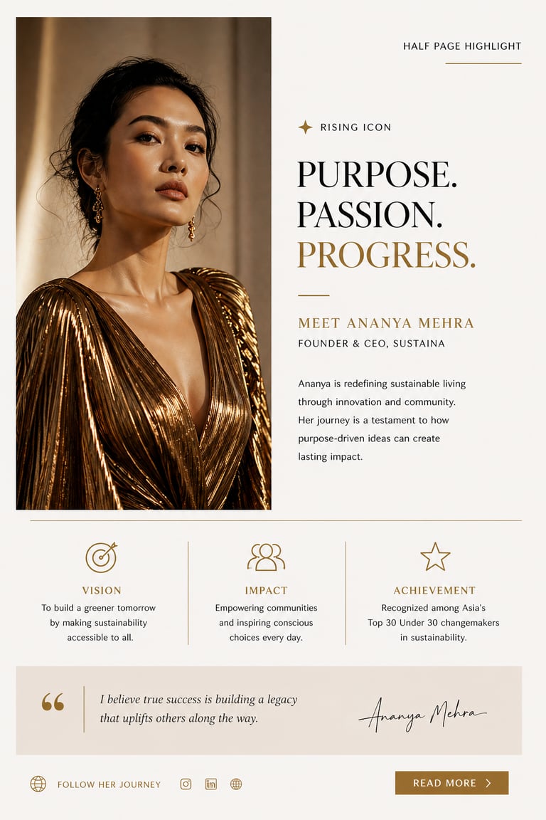 Portrait of a CEO, featuring highlights on vision, impact, and sustainable living achievements.