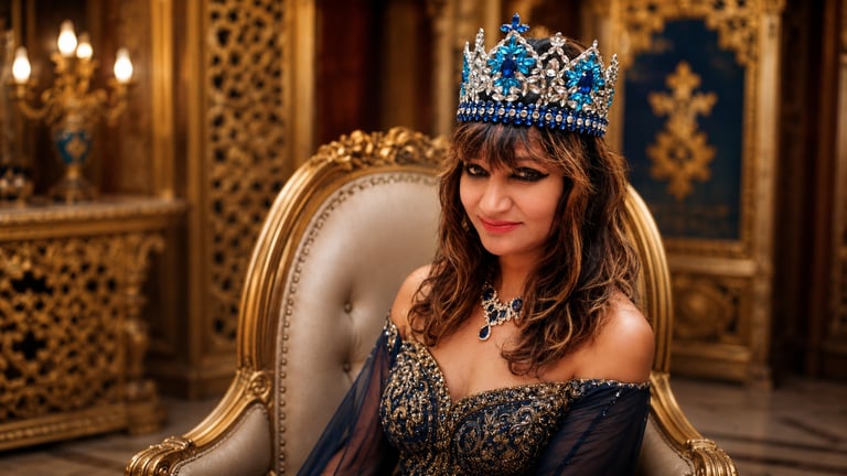 A woman wearing an ornate blue sapphire crown and elegant gown sits in a luxurious gold chair.