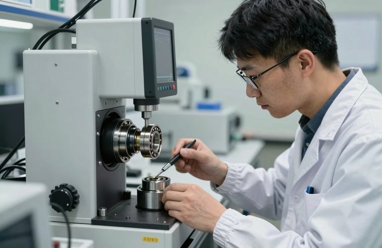 An East Asian / Chinese technician in professional attire performing a precise quality check on a bearing using advanced digital equipment in a high-tech lab setting.