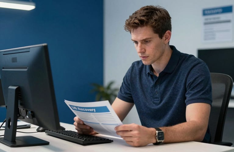 A professional in a North American / US workspace, focused and determined, working on a recovery report. The room is decorated in Deep Blue and Sky Blue.