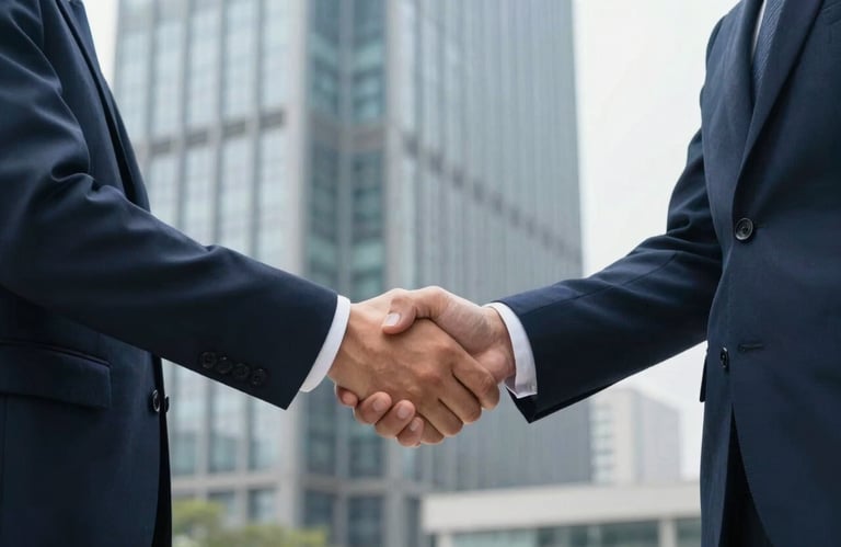 A firm, professional handshake between two people in a North American / US business attire, set against a background of high-rise windows, emphasizing agreement and trust.