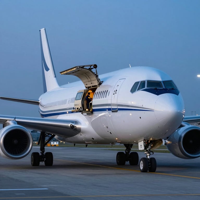 A close-up of a high-speed cargo plane being loaded on a modern international runway at twilight, cool blue tones and professional lighting.