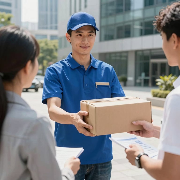 A delivery professional in a blue uniform handing a cardboard package to a business client in an international corporate plaza, bright daylight.