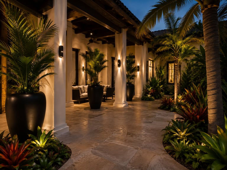Luxurious outdoor living area with elegant patio lighting, tropical plants, comfortable seating, and palm trees, perfect for
