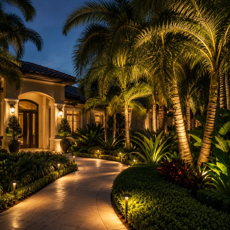 landscaping in front of home with palm trees and lights