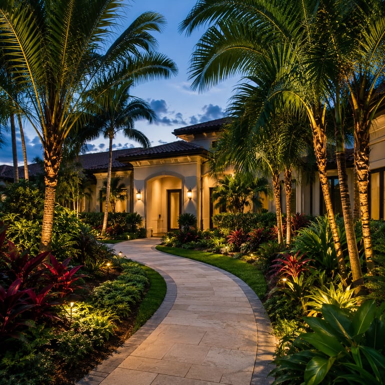 Luxury tropical home with a lit stone walkway and palm trees at dusk.