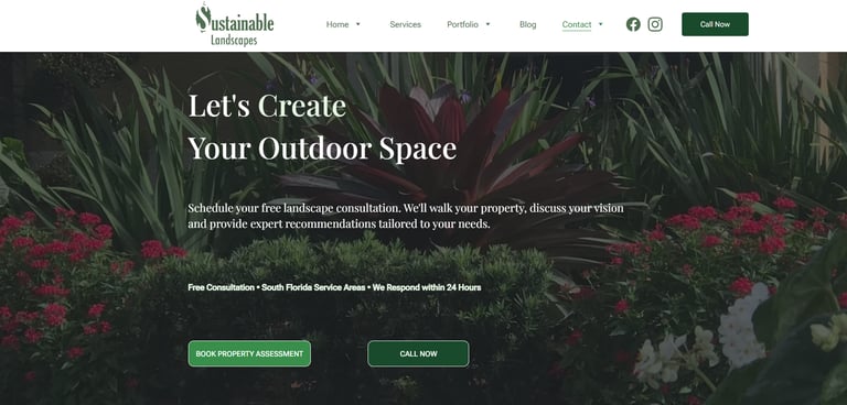 Lush tropical garden landscaping in South Florida with vibrant green foliage and red flowers.