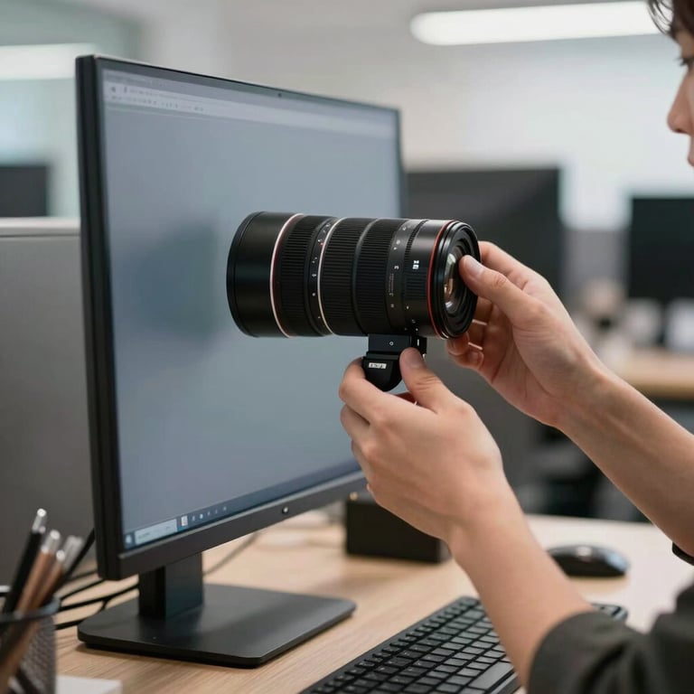 A sharp photography shot of a professional hand adjusting a high-end monitor in a focused North American office environment.
