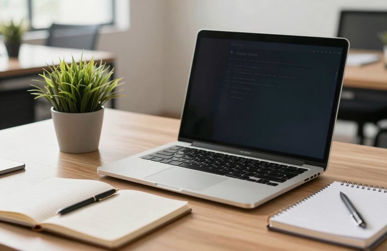 A professional desk setup featuring a sleek laptop, a small green plant, and a notebook in a bright Brazilian office, calm and trustworthy atmosphere.