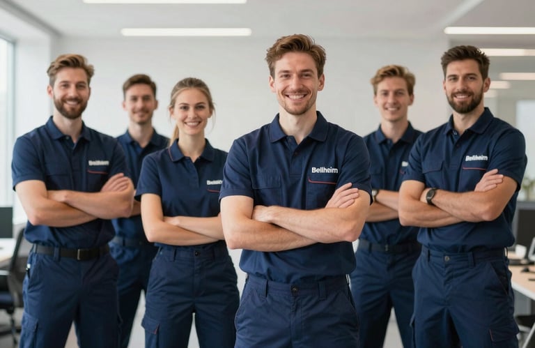 A group of reliable cleaning professionals in professional navy blue uniforms, smiling confidently, standing in a bright office hall in Bellheim, Germany.