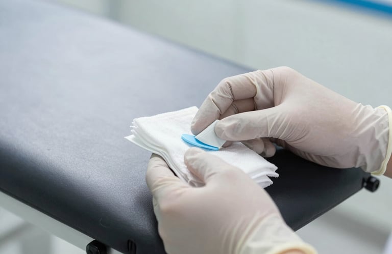 Close-up of a hand in a professional glove carefully disinfecting a medical examination table, high-key lighting, emphasizing cleanliness and hygiene.