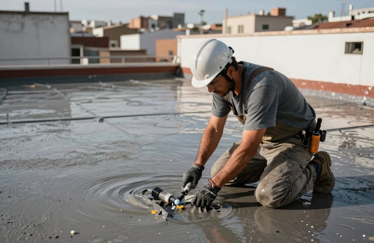A close-up of professional waterproofing work being done on a flat roof in a Spanish / Latin American city setting.