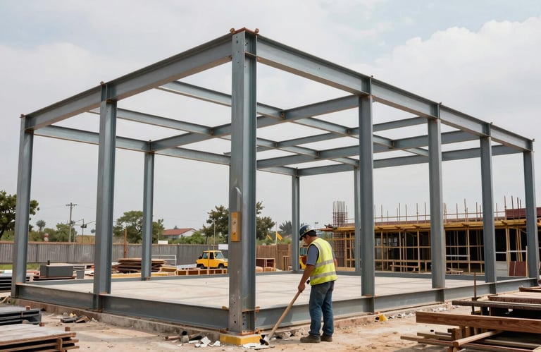 A professional construction site in Spanish / Latin American showing the assembly of a steel frame structure with precise engineering.
