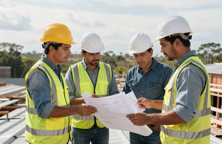 A group of professionals in a South American / Latin American construction environment, reviewing blueprints for a roof renovation. They wear professional safety gear.