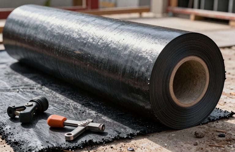 Close-up photography of professional tools and rolls of asphalt membrane on a construction site in South America / Latin America. Professional and grounded atmosphere.