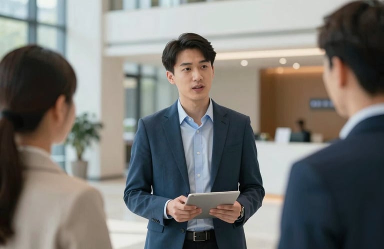A property manager speaking with a client in a bright, modern building foyer, with focused lighting and a professional, refined mood featuring #A5B6C0.