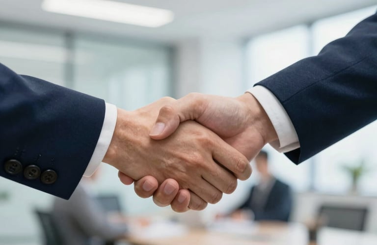 A close-up of a firm, professional handshake between two individuals in business attire, set against a bright, modern office background with #1E272C accents.