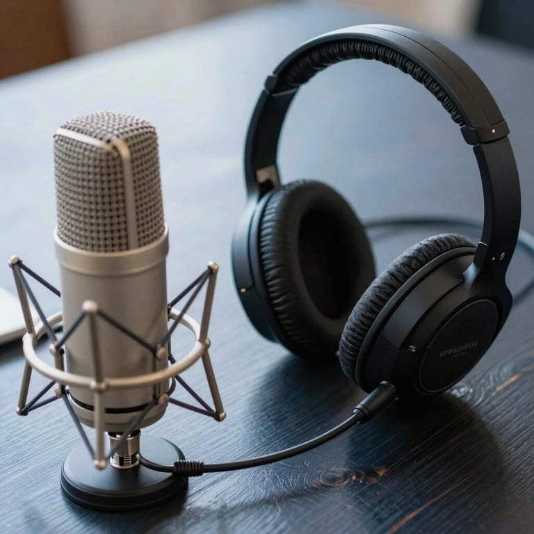 Close up of a professional studio microphone and a high-quality headset on a dark blue wooden desk, suggesting high-quality audio communication.