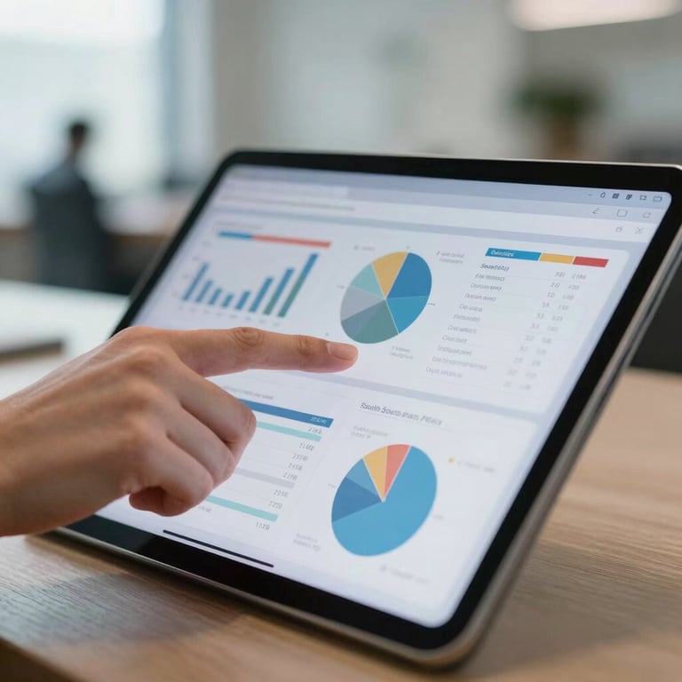 A focused professional hand pointing at a tablet screen displaying business data charts, with a blurred South American office background.