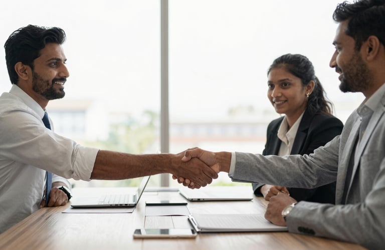 South Asian business professionals shaking hands in a brightly lit, modern conference room, conveying trust and partnership.