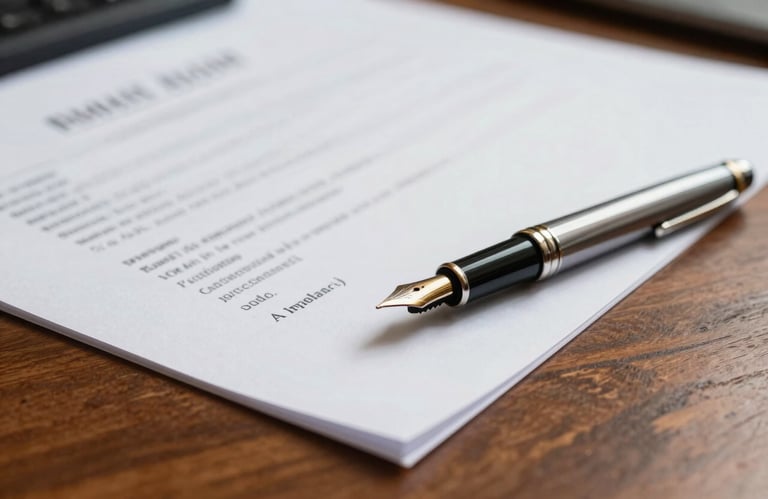 A close-up photograph of professional Indian legal documents and a fountain pen on a polished wooden desk, emphasizing detail and expertise.