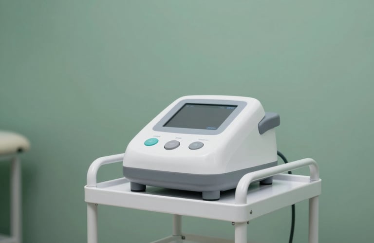 A high-tech medical device used in physiotherapy, clean and modern, placed on a white medical trolley against a muted green (#4C706F) wall.