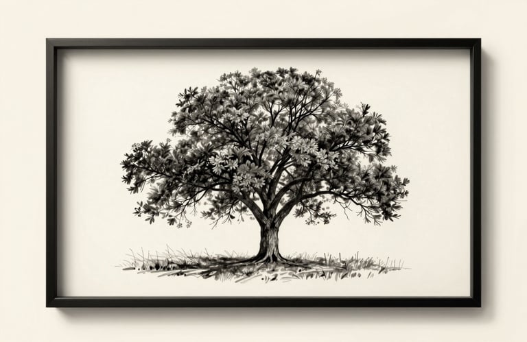 A minimalist charcoal drawing of a sturdy tree in a quiet North American park, resting on a clean cream-colored background in a simple frame.