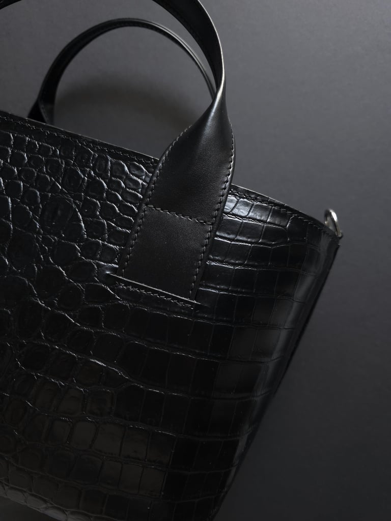Black crocodile print leather bag with nappa leather top handles