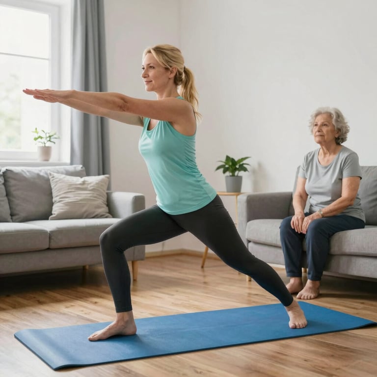 Active elderly woman doing gentle balance exercises in a bright, airy room.